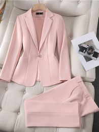 Women's Suits Blazers Women Ladies Pant Suit Formal Business Work Wear Blazer And Trouser Khaki Pink Black Female Long Sleeve 2 Piece Set 230310