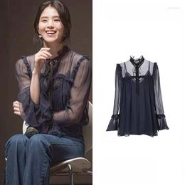 Women's Blouses Korean Han So Hee Black Sexy Blouse Women Stand Neck Chiffon Shirts Long Sleeve Ruffles Lace Vintage Elegant Female Tops