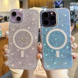 Fashion Transparent Magnet For Wireless Charging Case For iPhone 15 14 Plus 13 12 11 Pro Max Glitter Sequins Soft Cover