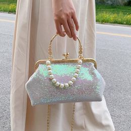 Evening Bags Fashion Pearl Chain Women Shoulder Crossbody Bag Sparkles Sequins Clamps Ladies Shell Handbag Design Female Sling BagEvening