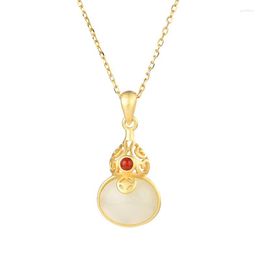 Chains XL418ZFSILVER 925 Sterling Silver Fashion Luxury Trend South Red Agate Hetian Jade Gourd Necklace For Women Wedding Girl Jewellery