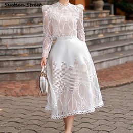 Womens Two Piece Pants White Lace 2 Piece Sets Women Vintage Embroidery Flower Tops High Waisted Skirts Ladies Party Elegant Design Skirt Sets 230310