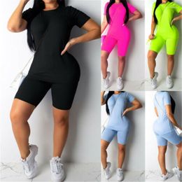 Women's T Shirts 7 Colours Women 2pcs Short Set Solid Sleeve Slim T-Shirt Tops High Waist Elastic Band Shorts For Lady Yoga Workout Suit