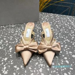 2023 Luxury design sandals dinner bow spring and summer products explosive single shoe sandals mesh gauze drill real silk single shoes
