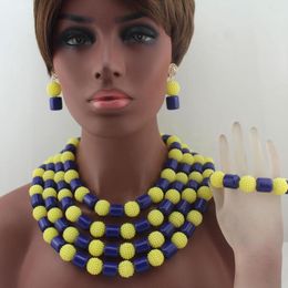 Necklace Earrings Set Fashion Yellow Ball Beads Nigerian African Wedding Royal Blue Coral Bridal HD8583