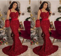 Red Unique Burgundy Mermaid Evening Dresses for Women Sequins Sweetheart Sweep Train Formal Birthday Pageant Party Prom Gowns Custom Made