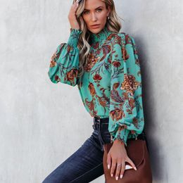 Women's Blouses Half High Collar Loose Long Sleeve Tops Vintage Floral Print Blouse 2023 Autumn Round Neck Streetwear Green Chiffon Shirt