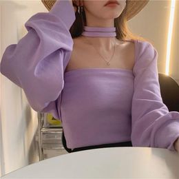 Women's T Shirts Top Shawl Long-sleeved Cardigan Jacket Two-piece Ins Tide Fashion Suit Women's Early Autumn Short Paragraph Inner Vest