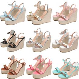 Designer Luxury Women Sandals Pumps Heels High Heels Waterproof Platform Metal Buckle Leather Wedges Wedding Party Straw Shoes