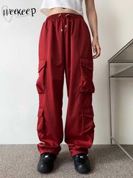 Women's Pants Capris Weekeep y2k Cargo Pants Multi-pocketed Low Rise Baggy Jogging Pants Korean Fashion Women Trousers 90s Harajuku Drawstring Capris L230310