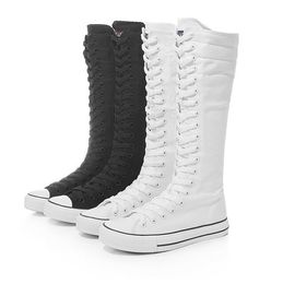 High Top Women's Canvas Shoes Knee High Boots Side Zipper Flats Vulcanised Shoes Lace-Up Comfortable Platform Sneakers Female