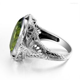 Cluster Rings Solid 925 Sterling Silver Created Peridot Carved Flower Men Ring Fine Jewellery