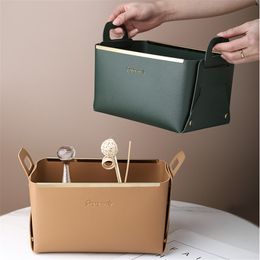 Storage Baskets 1PC Leather PU Desktop Storage Box Creative Foldable Cosmetic Box with Handle Home Organiser Water Proof Bathroom Storage Bsket 230310