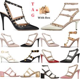 luxury Brand High Heel Shoes Women Rivets Sandals Leather Thin Heels Black Gold Rose Yellow Silver White Red fashion party wedding platformShoes with Box and Dust Bag