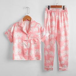 Pyjamas Summer Pyjamas Colour Ding Lapel Short Sleeve Suit Loose Imitation Silk Print Girl's Home Clothes 230310