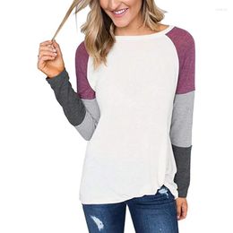 Women's T Shirts Long Sleeve Splicing Round Neck Women's T-Shirts Spot In Autumn And Winter Solid Block Casual Knitted Print