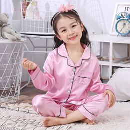 Pajamas Pink pajama children's spring and autumn long sleeve silk suit boys and girls cardigan top trousers size 8-18 230310