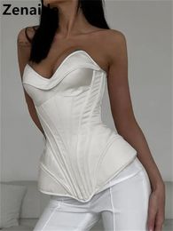 Women's Tanks Camis Zenaide Satin Corset Tank Tops Strapless Summer Clothing Panel Shape Bare Shoulder Bustier Party Sexy Crop Women Tube Top White 230310