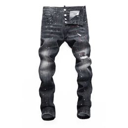 Men's Jeans 2023 Spring and Autumn Broken Hole Elastic Water Wash College Students' Feet Tight Nightclub Fashion Print D2 Pants