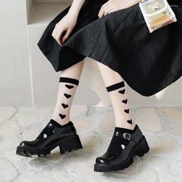 Women Socks 2023 Summer Glass Silk Cotton Love Stripe Black Tube Girls Cute Sweet Simple Wild Thin Breathable Hosiery