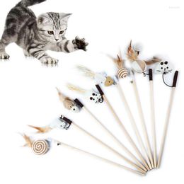 Cat Toys 8Pcs Pet Teaser Feather Wood Rod Kitty Catcher Stick Interactive Linen Knitted Mouse Toy Supplies