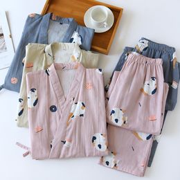 Women's Sleepwear Japanese-style kimono two-piece couple Pyjamas cover men and women pure cotton gauze cute kitten thin home service plus size 230310