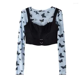 Women's T Shirts Butterfly Print Fashion Mesh Top And Black Camisole Sexy 2-piece Suit Ladies Spring 2023 Harajuku Thin Long-sleeved