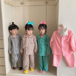 Pyjamas Spring Autumn children 4 Colours cotton Pyjama sets Boys and Girls embroidered smiling face 2pcs Home Wear suit 230310