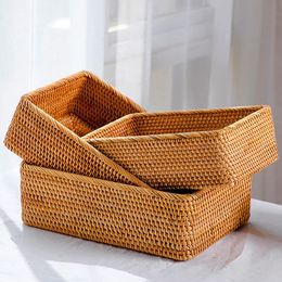 Storage Baskets Hand-woven Rattan Wicker Basket Fruit Tea Snack Bread Basket Cosmetic Rectangular Storage Box Household Kitchen Supplies 230310