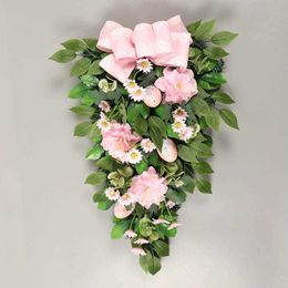 Decorative Flowers Wreaths 55cm Easter Faux Door Hanging Ornament With Bow Green Leaves Wreath For Indoor Outdoor Front Window Decoration P230310