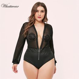 Women's Jumpsuits & Rompers Whatiwear Plus Size Long Sleeve Lace Bodysuit Transparent Female Body Sexy Teddies 2023 Women Deep V Sheer Bodys