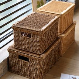 Storage Baskets MiFuny Hand-Wovens storage Baskets Boxs Large Chinese Style Imitation Rattan with Lid Bedroom Storage In-Wardrobe Laundry Basket 230310