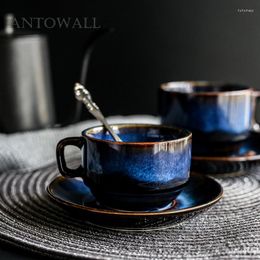 Cups Saucers ANTOWALL Dim Blue Series Ceramic Coffee Cup And Saucer Set Breakfast Afternoon Tea Simple Retro Tableware