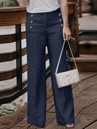 Women s Pants Wide Leg ZANZEA Elegant High Elastic Waist Long Trousers Casual Solid Cotton Pantalon Oversized OL Work Palazzo 230309