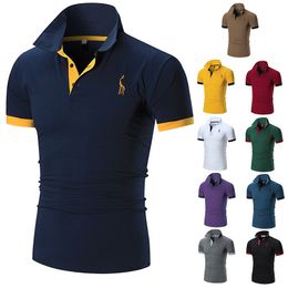 Men Polo Shirts Short Sleeve Colour Block Antler Embroidery Work Polo Shirts for Casual Solid Colour Slim Fit Mens Polos Summer Fashion