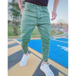 Men's Jeans Blue Elastic Waist Casual Pants Green Slim Fit Trousers Khaki Streetwear Designer Clothes Men Y2303
