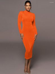 Casual Dresses 2023 Turtleneck Full Sleeve Midi Dress For Women Robe Autumn Elegant Solid Bodycon Party Long Vestido