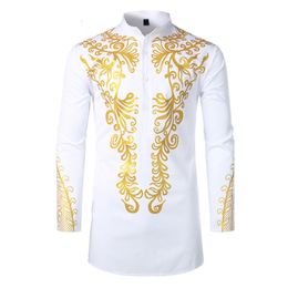 Ethnic Clothing African Golden Polished Dress Shirts Long Tunic Mens Fashion Print Button Up Bridegroom Top Stand Collar Clothes Black Plus Size 230310