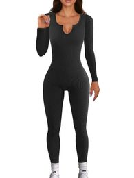 Women's Jumpsuits Rompers Women's Ribbed Yoga Jumpsuits Tight Fitting Woman Long Sleeve Jumpsuit Sport Workout Rompers Bodycon Black Bodysuit Clothes 230310