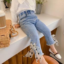 Jeans Spring 2023 Girls Sweet Bow Korean Style Kids Casual Trousers Baby Slim All-match Denim Pants