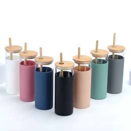 20oz Glass Tumbler Glass Water Bottle with Bamboo Straw Silicone Protective Sleeve Bamboo Lid Iced Coffee Cup Reusable Wide Mouth Smoothie Cups