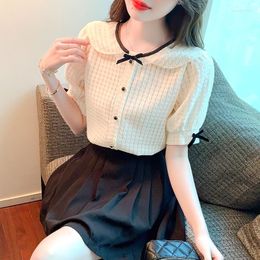 Women's Blouses Chikichi Summer Doll Collar Lace Basic Shirt Women 2023 Bow Short-sleeved Chiffon Puff Sleeve Top Blouse For