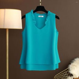 Women's Blouses Oversized 5XL Sleeveless Chiffon Blouse Women Summer Casual Ruffle V-neck Tank Tops Korean Style Vintage Lady Pullover Shirt