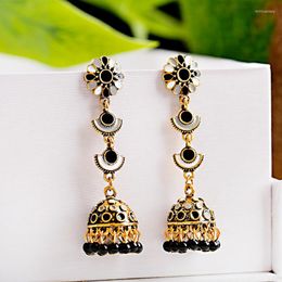 Dangle Earrings Retro Red Flower Bollywood Kundan Jhumka For Women Ethnic Beads Tassel Bell Gypsy Fashion Jewellery