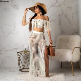 Work Dresses Women Two Piece Set Sexy See Through Crochet Tassel Hollow Out Off Shoulder Crop Top Split Maxi Skirt Suit Beach Bikini Cover