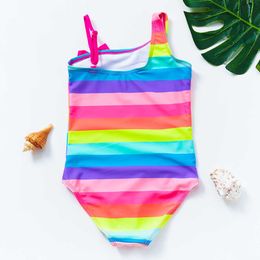 One-Pieces Girls Swimsuit One Piece Oblique Shouldered Swimsuit 5-14years Striped Swimwear For Girls Children Swimwear With Bow