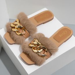 Slippers Women Selling Artificial Suede Chain Autumn For Home Casual Room Solid Color Flat Shoes Fashion Plush Woman