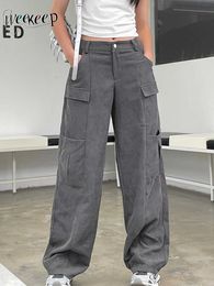 Women's Pants Capris Weekeep Streetwear Pocket Patchwork Corduroy Pants Harajuku Low Rise Wide Leg Baggy Jogging Sweatpants y2k Vintage Women Capris L230310