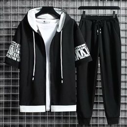 Mens Tracksuits Sets Hooded Zipper Short Sleeve Tops Elastic Waist Trousers Clothing Two Piece Set Korean Streetwear Tracksuit 230310