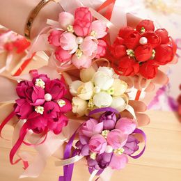 Decorative Flowers 1pc Wrist Flower Rose Silk Ribbon Bride Corsage Hand Wristband Bracelet Bridesmaid Curtain Band Clip Bouquet